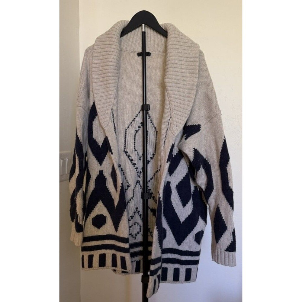 J Crew Women’s L Wool Blend Open Sweater Cardigan Long Navy Blue Cream Classic